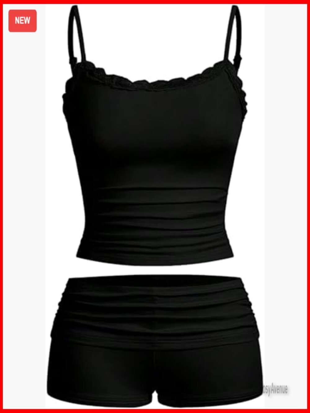 Sexy 2 Piece Pajama Set Lace Trim Cami Crop Top Ruched Shorts
